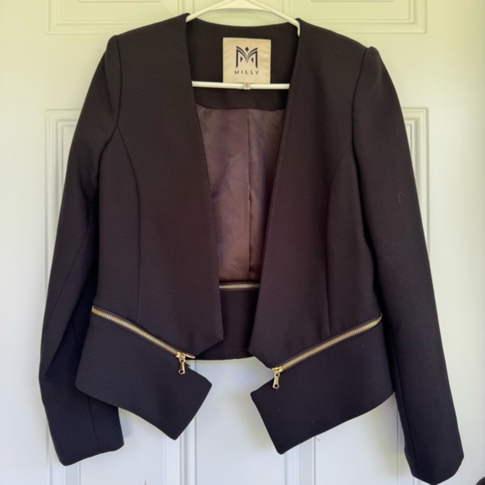 Milly Black Blazer Jacket with Gold Zipper Accents Size 6